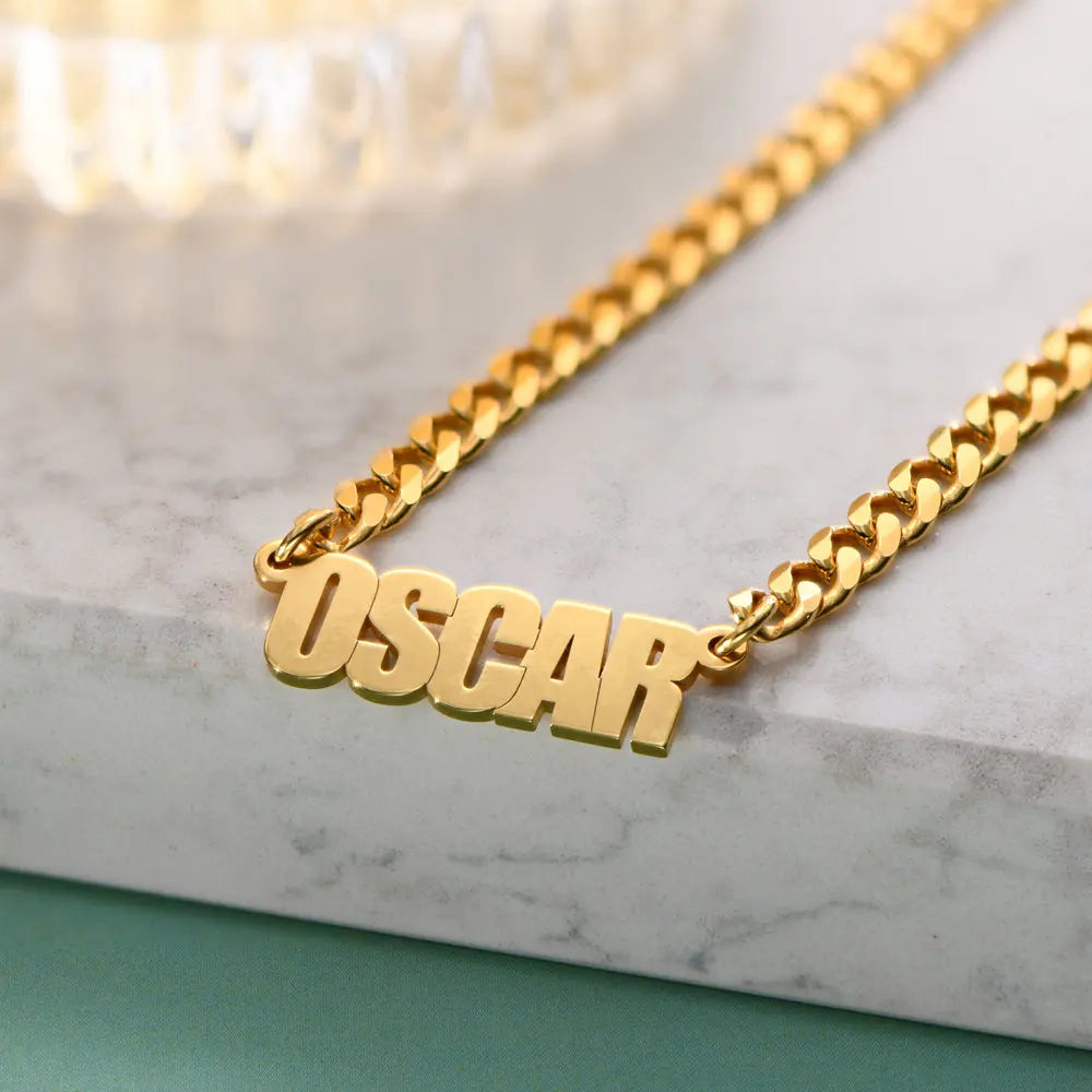 14K Gold Name Necklace, Cuban Chain Necklace
