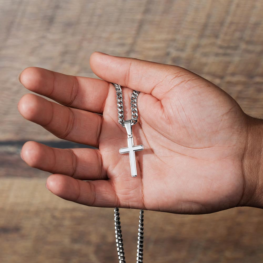 Engraved Artisan Cross with Cuban Link Chain