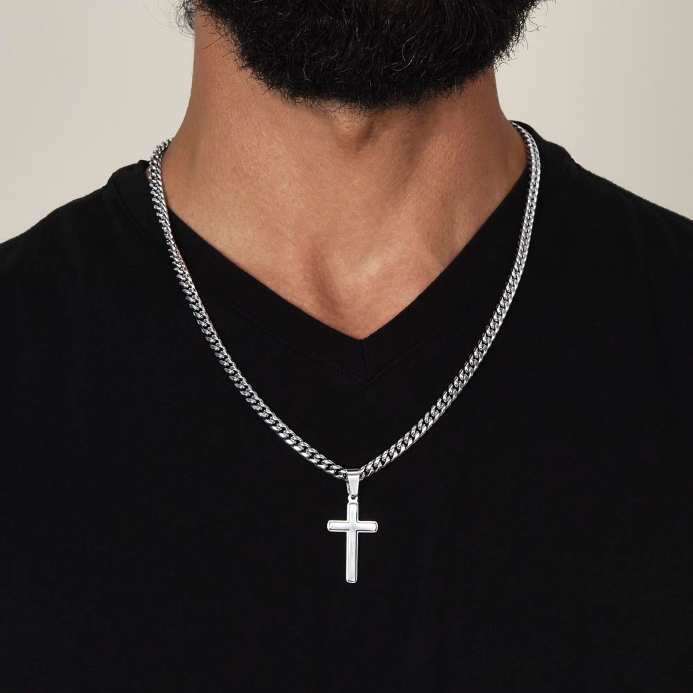 Engraved Artisan Cross with Cuban Link Chain