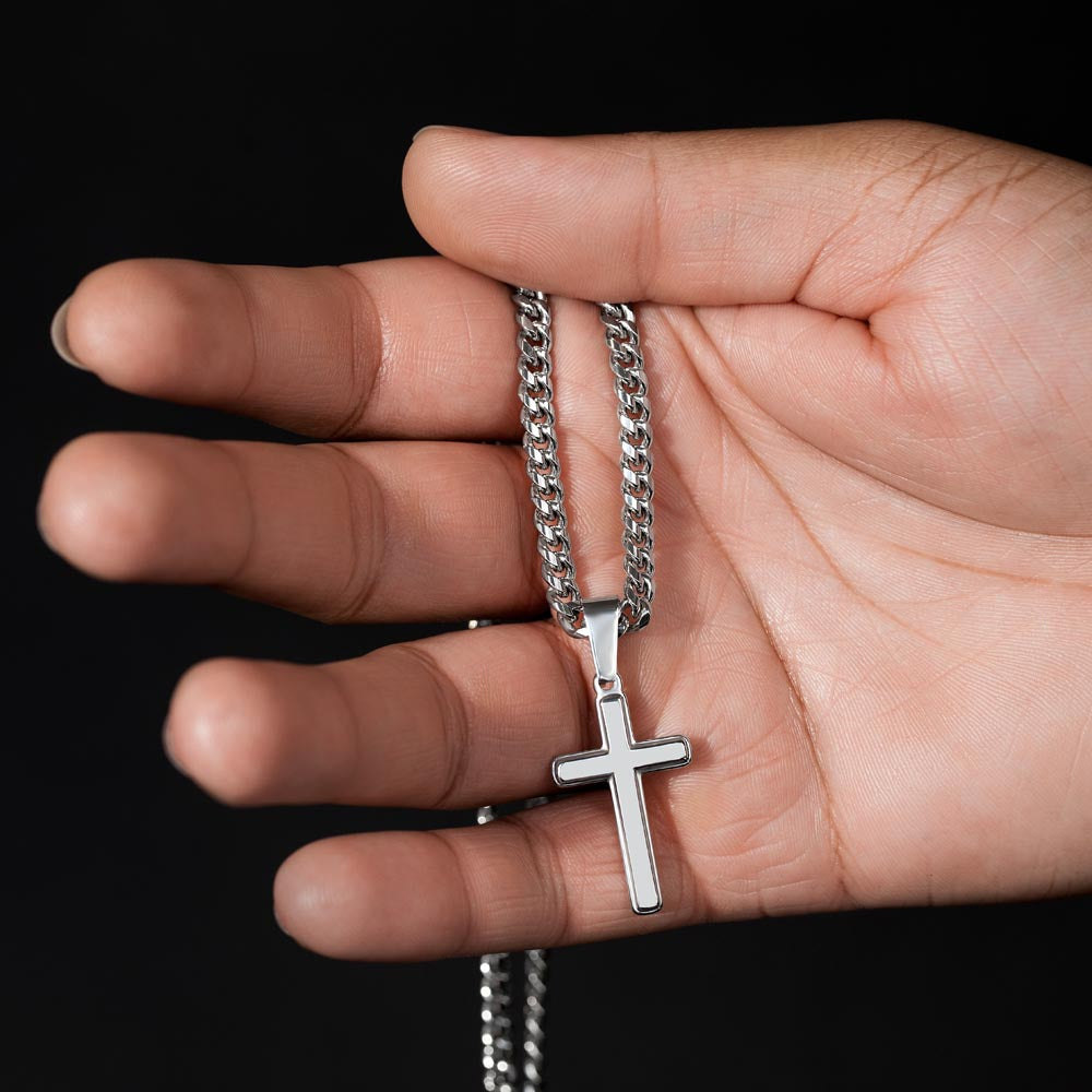 Engraved Artisan Cross with Cuban Link Chain