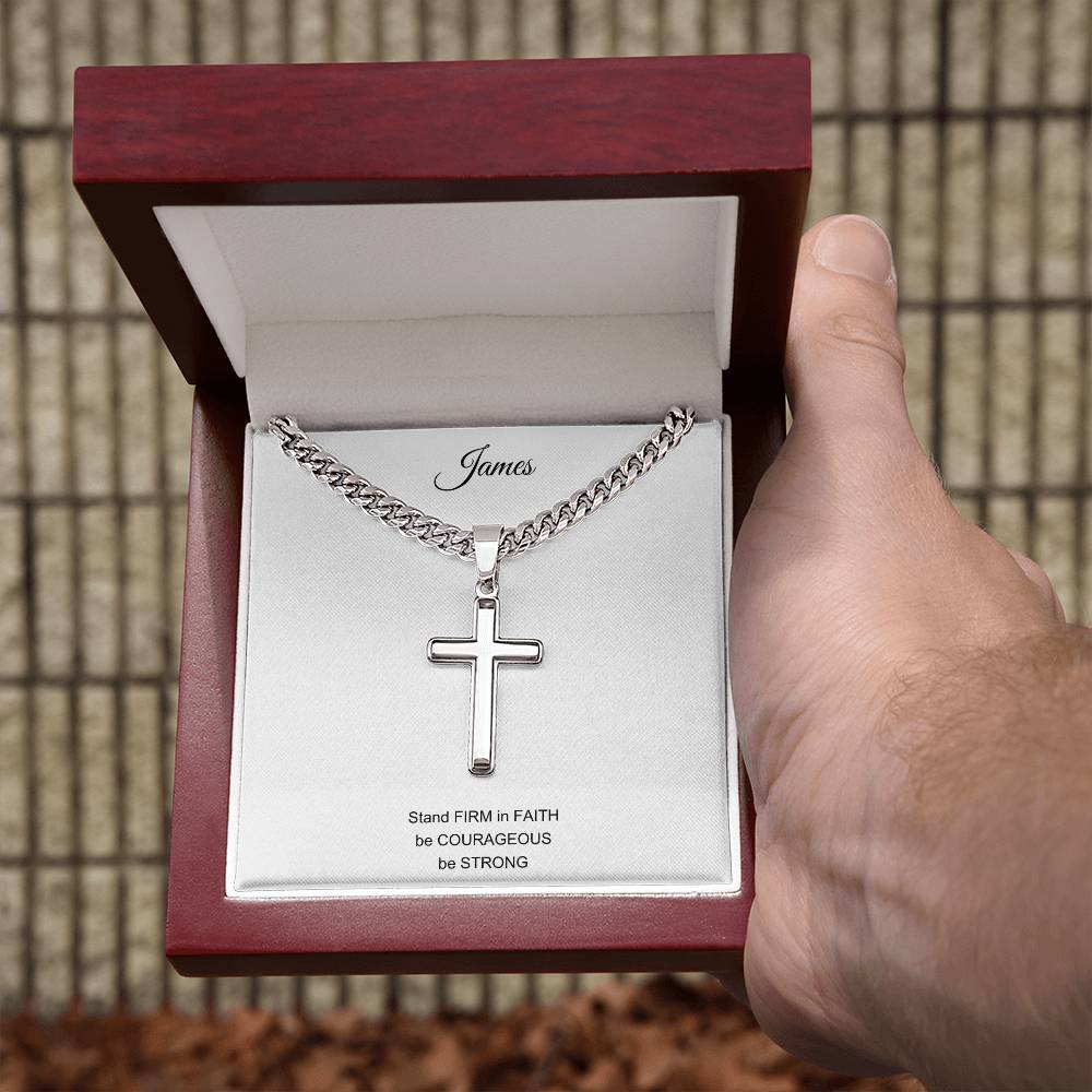 Engraved Artisan Cross with Cuban Link Chain