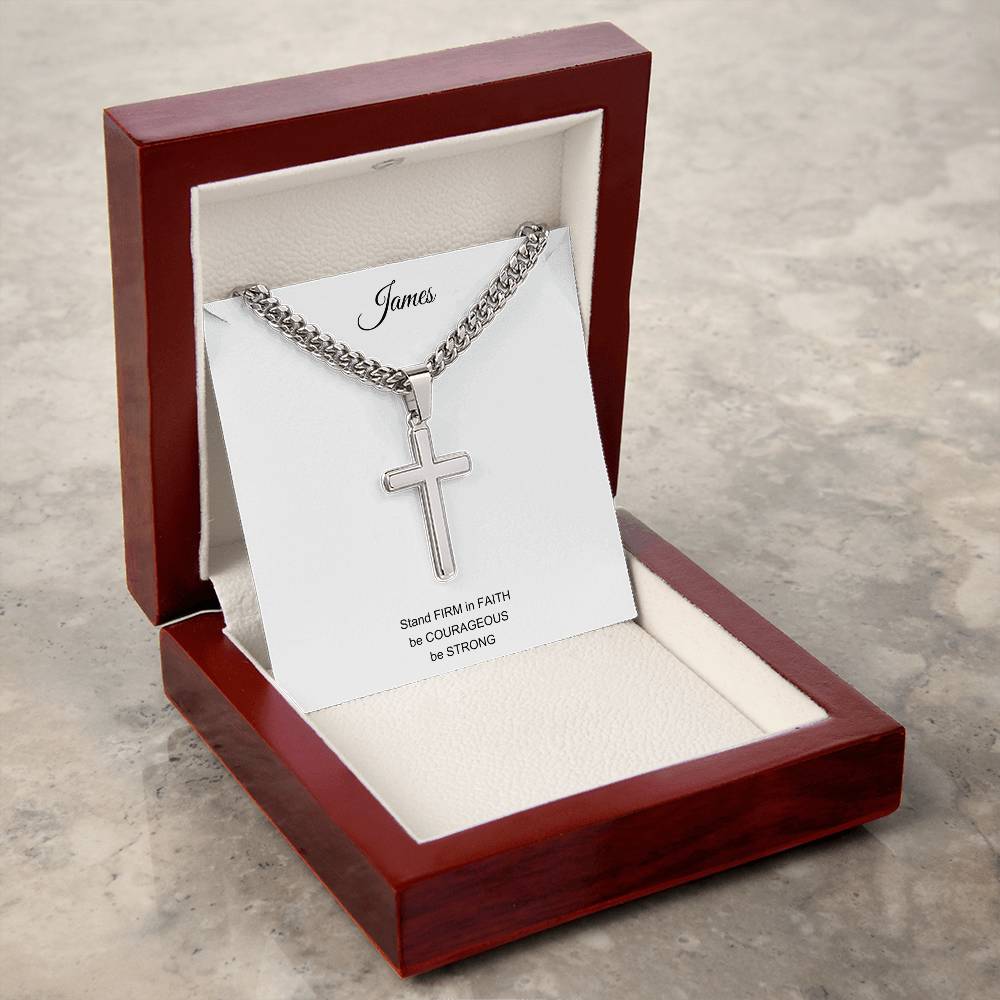 Engraved Artisan Cross with Cuban Link Chain