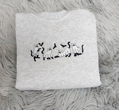 Embroidery Ghost Cats Halloween Sweatshirt